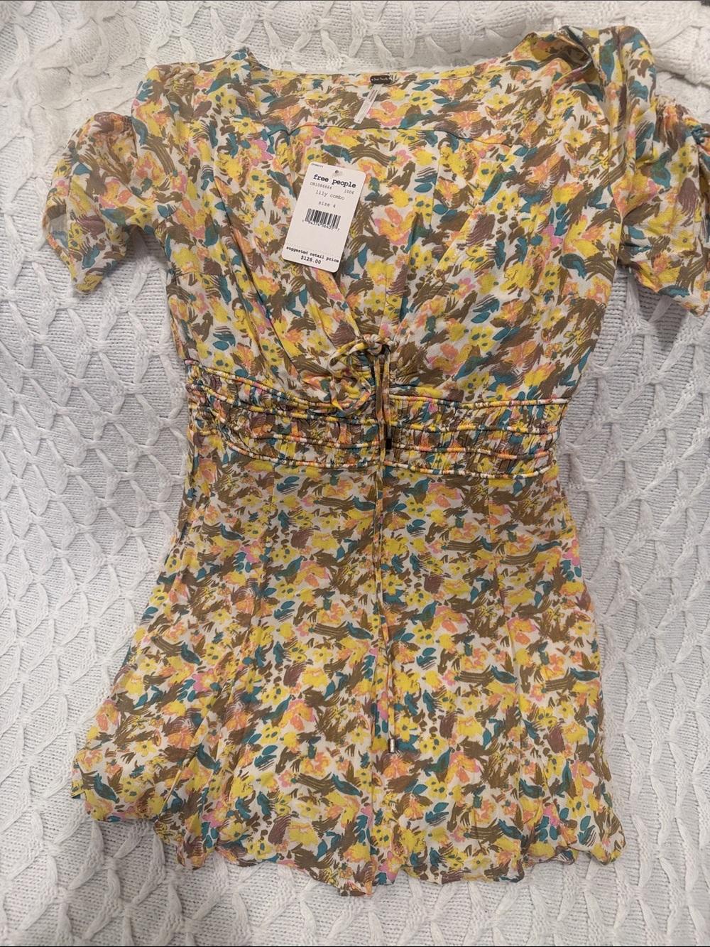 Free People Yellow Multi Floral Tie-Front mini dress